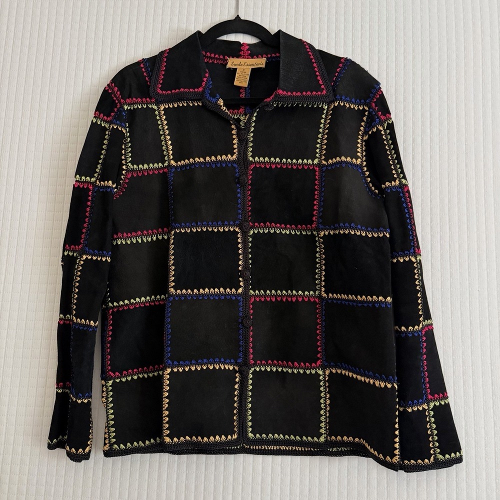 Patchwork Suede Leather Jacket Black Medium Colorful Vtg Boho Crochet Funky 90s